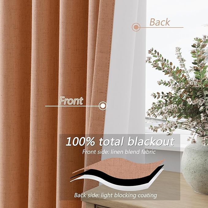 Guken 100% Blackout Curtains 102 Inch Length 2 Panels Set for Living Room Bedroom Back Tab Thermal Insulated Black Out Linen Drapes Room Darkening Peach Quartz,52x102