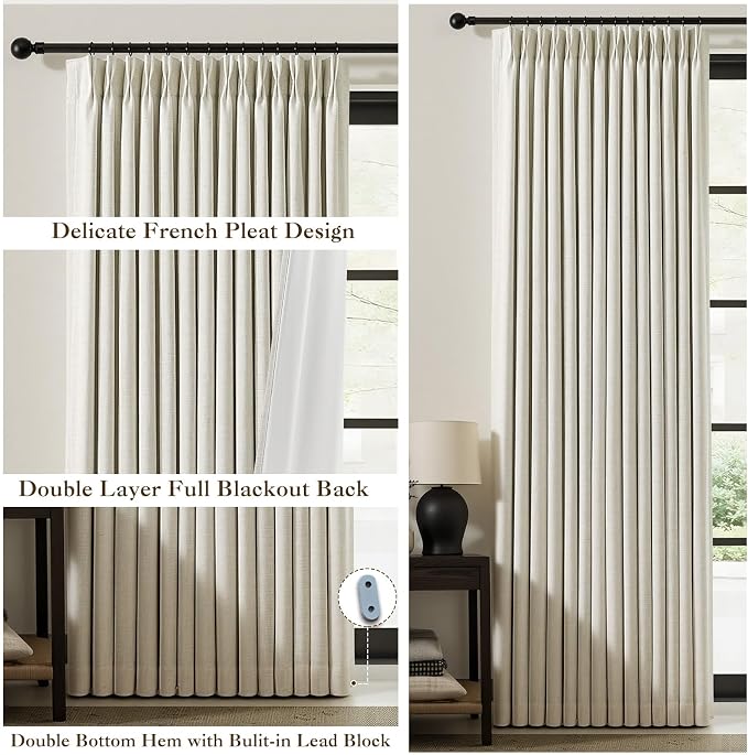 IVAPUPU Natural Pinch Pleated Full Blackout Curtains Linen Blend Room Darkening Window Curtains 96 inch 2 Panel for Living Room Bedroom Thermal Insulated Thick Curtain Drapes with Hooks 40''Wx96''L
