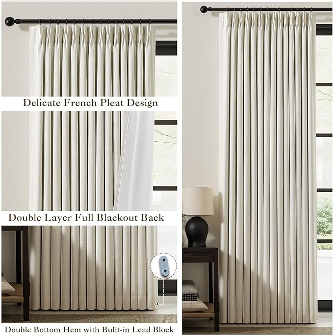 Pinch Pleated 100% Blackout Linen Curtains 95 Inches Long for Bedroom Natural Black Out Pleat Curtains for Living Dining Room Darkening Thermal Insulated Window Curtain Drapes with Pin Hooks, 2 Panels