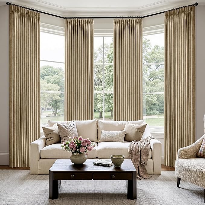 MIULEE Pinch Pleated Thick Linen Curtains 96 Inch 4 Panels Set Back Tab Memory Trained Pinch Pleat Semi Sheer Light Filtering Privacy Let Light in Window Drapes for Living Room Bedroom Copper Brown