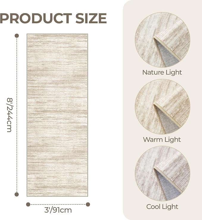 3x8 Runner Rug Non Slip,Washable Hallway Runner Rug,Brown | Neutral Rugs for Kitchen,Entryway,Bedroom,Bathroom,Nursery Room,Thin,Soft Runner Rug,Stain Resistant Indoor Carpet