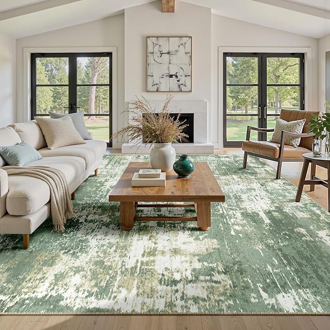 RELEANY Washable Area Rugs 8'x10' Non-Slip Modern Abstract Soft for Living Room Entryway Bedroom Kitchen, Print Pattern, Light Green/Yellow