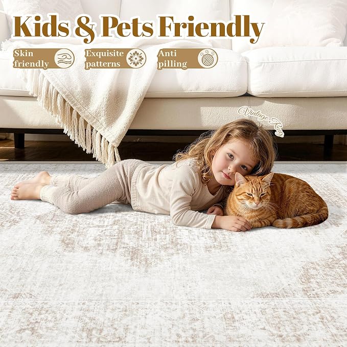 6X9 Area Rugs for Living Room, Washable Rugs Beige Vintage Medallion Non-Slip Soft Low Pile Rug Large Indoor Retro Carpet for Bedroom Dining Room Home Office Nursery Room(Beige,6'x9')