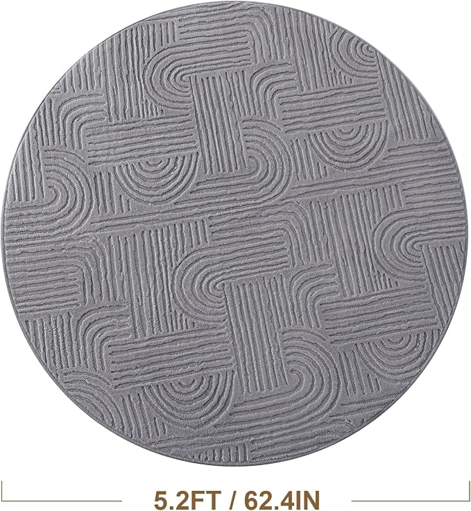 Carvapet 5.2' Round Rug Grey Washable High Low Pile Area Rug Soft Plush Carpet for Living Room Bedroom Non Slip Indoor Floor Rug for Home Kids Nursery Decor