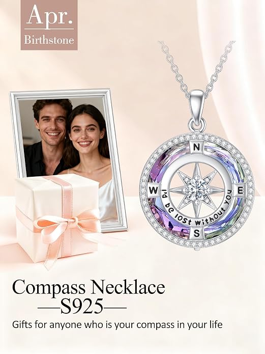 TOUPOP Necklace Gifts for Wife Compass Jewelry Women Anniversary Girlfriend Birthday Gift for Her Valentines I'd be Lost without You Sterling Silver Birthstone Necklaces