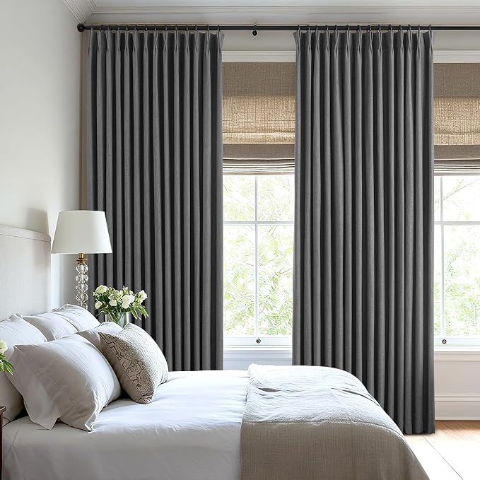 Pinch Pleated Curtains 100% Blackout Linen Curtains 84 Inches Long for Bedroom Living Room, Dark Gray Memory Trained Thermal Insulated Room Darkening Window Drapes with Hooks 2 Panels 40"Wx84"L