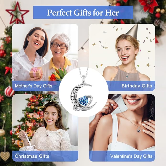 Distance I Love You to The Moon and Back Necklace for Women, S925 Sterling Silver Forever Love Heart Birthstone Necklace, Anniversary Birthday Jewelry for Wife Lover