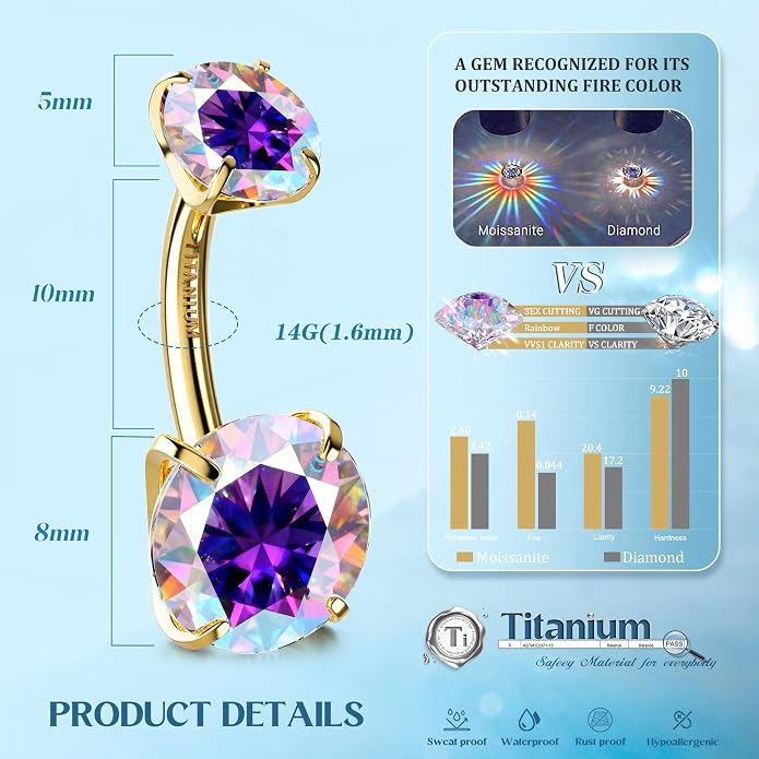 GEMQUEEN Moissanite ＆ G23 TItanium Belly Button Ring 18K Gold Plated Hypoallergenic Internally Threaded Belly Rings 14G Navel Piercing Jewelry For Women Men D Color VVS1 Clarity Brilliant Cut