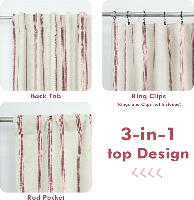DriftAway Farmhouse Stripe Blackout Curtains, W52xL108, Red | Blackout, Linen Texture, Stripe Pattern, Rod Pocket & Back Tab, Two Layers, Bedroom Living Room Use, Sound Reducing Design