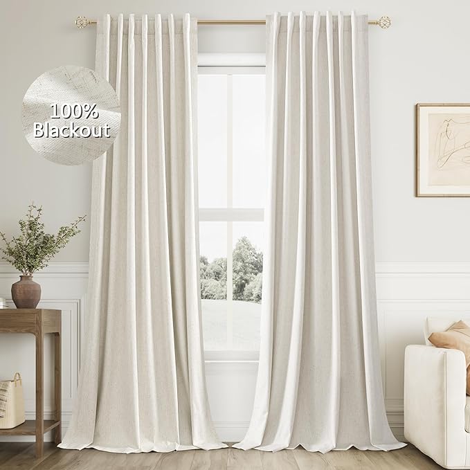 Cream 100% Blackout Linen Curtains 96 Inch Length Ceiling to Floor 2 Panels 8 FT for Living Room Bedroom Back Tab Thermal Insulated Black Out Drapes Room Darkening Window Curtain Ivory Natural Beige