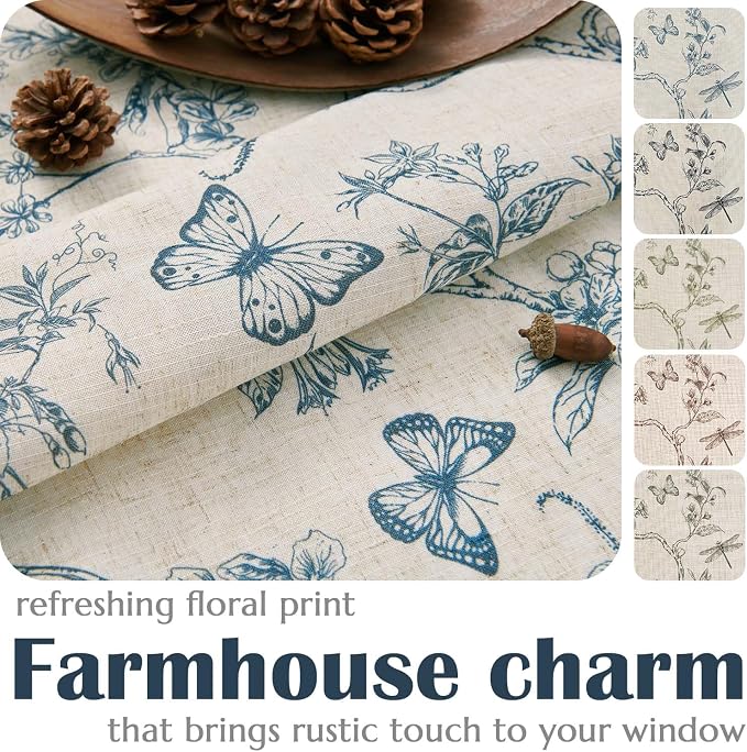 jinchan Blue Floral Linen Curtains Lined 96 Inch Vintage Back Tab 2 Panels | Privacy lining, light filtering drapes, cottagecore, french country, farmhouse, bedroom, living room, window treatment