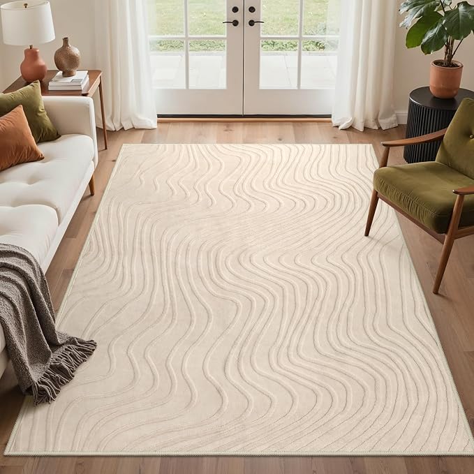 GENIMO Soft Washable Area Rugs 5x7, 3D Modern Wave Textured Rugs for Living Room, High-Low Pile Non Slip Fuzzy Carpet, Non-Shedding Stain Resistant Thin Beige Rugs for Bedroom, Dining Room, Nursery