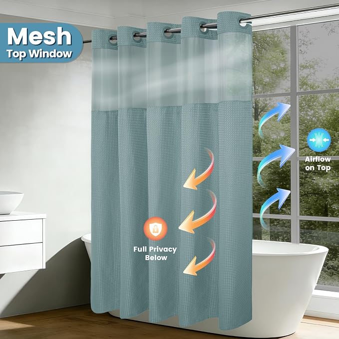 EUTXL Heavyweight Fog Blue No Hook Shower Curtain with Snap in Liner,256GSM Waffle Weave Shower Curtains for Bathroom,71W x 74H