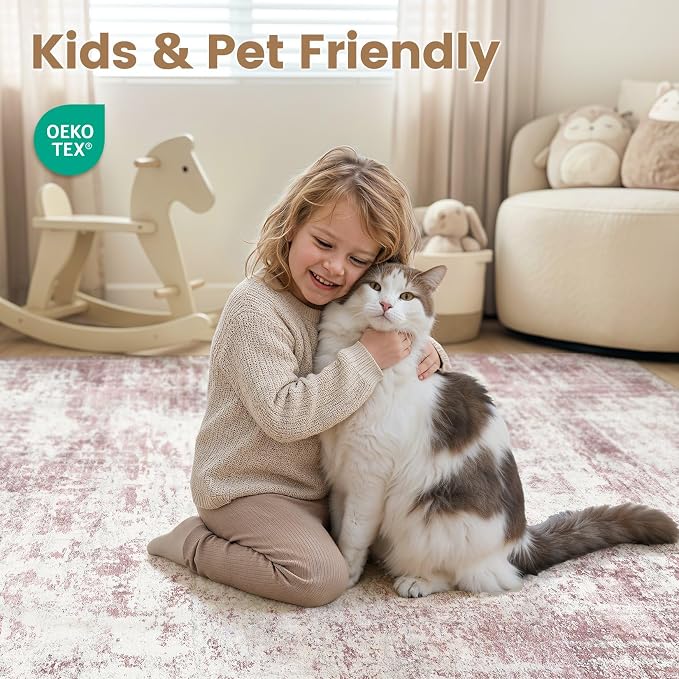 Washable 7x9 Area Rug for Living Room - Modern Abstract Carpet with Non-Slip Backing, Low Pile & Soft, Stain Resistant, Kid & Pet Friendly Decor for Bedroom & Dining Room - Pink