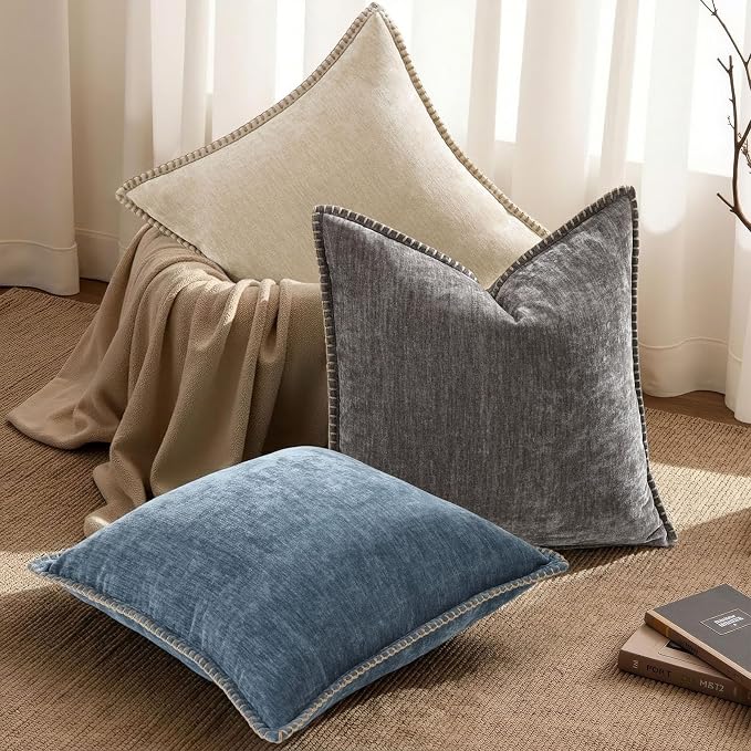 decorUhome Soft Chenille Throw Pillow Covers 20x20 Set of 2 Dark Grey | Fall Textured Decorative Throw Pillow Cases Stitched Edge Modern Farmhouse Luxury Boho Velvet for Couch Sofa Bed Home Decor