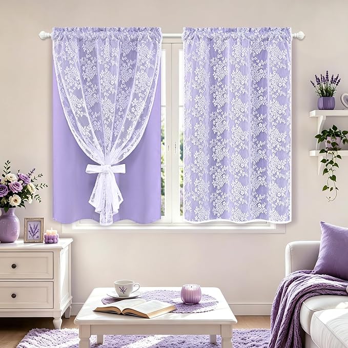 Yinhua Purple Kitchen Curtains 36 Inch Length Double Layer Blackout Curtains with Floral Sheer Overlay Rod Pocket Short Curtain for Windows, Small Window Curtain for Bathroom, Living Room, 2 Panels