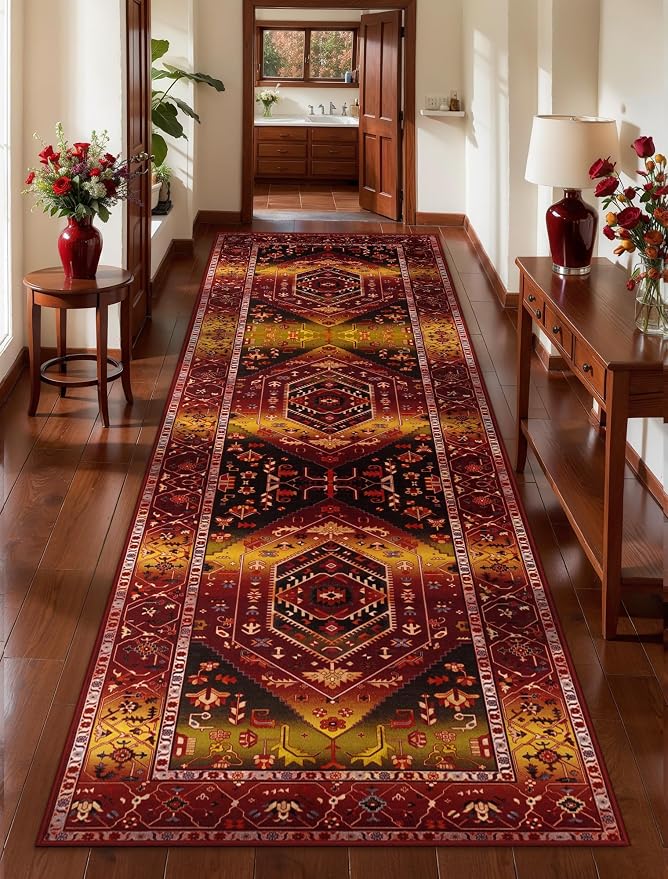 SERISSA Runner Rug for Hallways, 2'6"x8' Washable Non Slip Kitchen Runner Rug, Long Boho Rug Vintage Rustic Red Gold Hallway Stair Ultra Soft Print Floor Carpet for Bedroom Bathroom Laundry Room