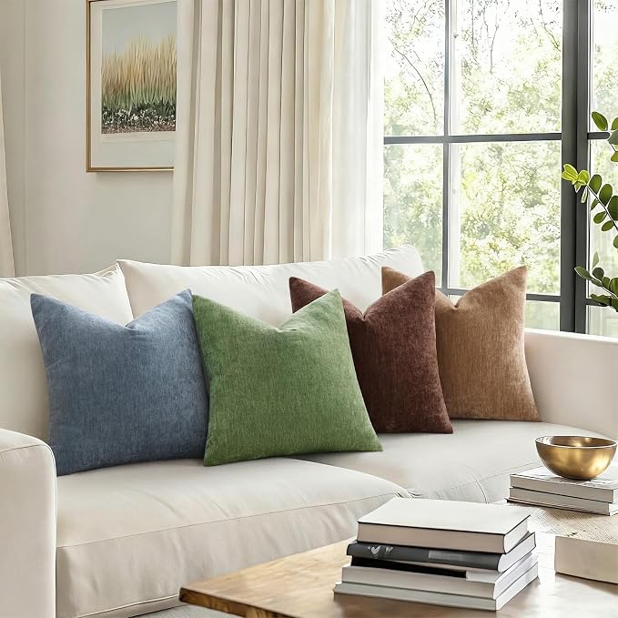 decorUhome Soft Chenille Haze Blue Throw Pillow Covers 18X18 Set of 2 | Decorative Fall Couch Pillow Covers Solid Dyed Accent Modern Farmhouse Neutral Square Pillow Cases for Sofa