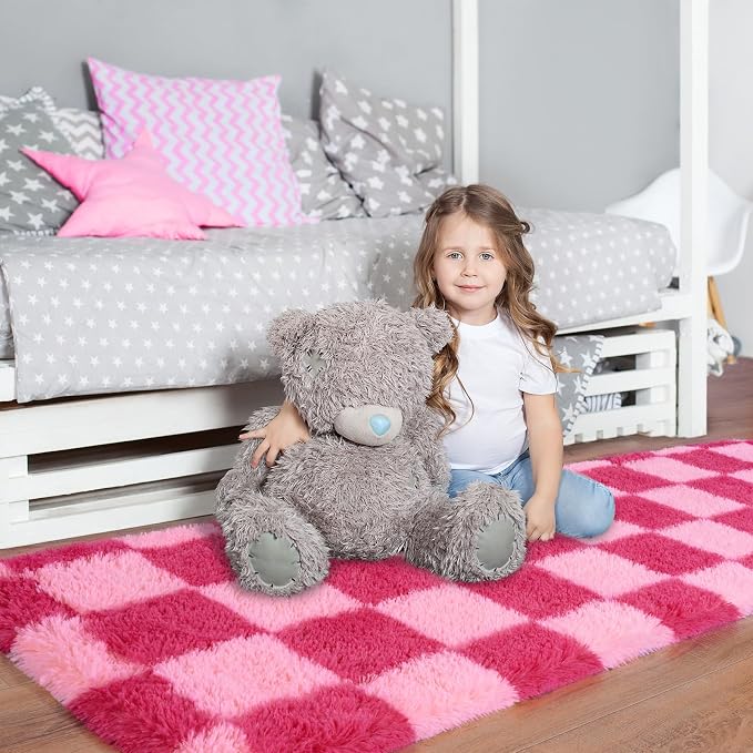 Pionblank Checkered Rug for Bedroom 2x6, Modern Fluffy Runner Rugs for Living Room, Super Soft Shaggy Bedside Carpet for Kids Room Nursery Teens Dorm Decor, Hot Pink