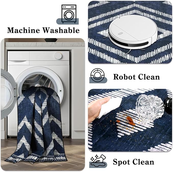 Boho Washable Rugs 5x7ft for Living Room, Navy Blue Thin Bedroom Area Rugs Non Slip, Moroccan Soft Kids Nusery Area Floor Carpets for Dining Room Playroom Kitchen Home Office Decor
