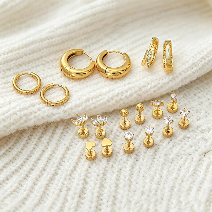 Stainless Steel Stud Earrings Set for Women Hypoallergenic Flat Back Cartilage Earrings Screw Back Huggie Hoop Earrings Multiple Piercing Cubic Zirconia Helix Tragus Jewelry
