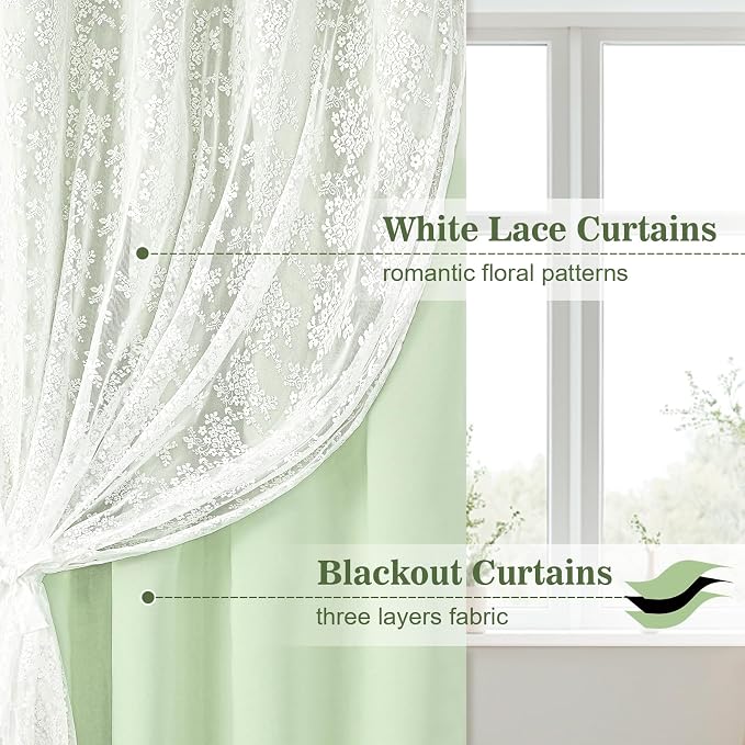 Yinhua Double Layer Blackout Curtains for Bedroom Green Curtains for Living Room 63 Inch Length 2 Panels Set Kid Curtain with Tiebacks, Grommet Drapes with Floral Sheer Overlay, 52" W x 63" L
