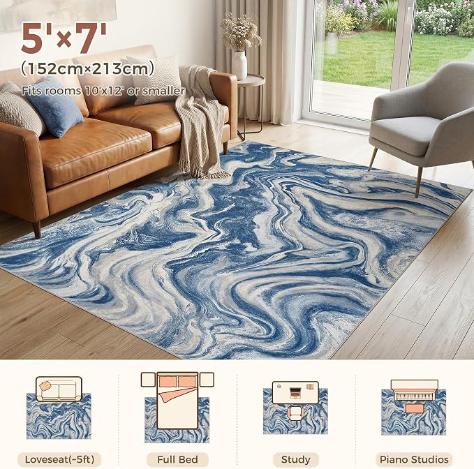 DMOYEST 5x7 Washable Area Rug for Living Room,Non Slip Abstract Rugs,Modern Soft Low Pile Carpet for Bedroom,Dining Room,Home Office-Navy Blue