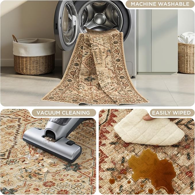 Joydeco 6x9 Area Rugs for Living Room Vintage, Tan | Non Slip Machine Washable Low Pile for Bedroom Dining Room Home Office Pet & Child Friendly