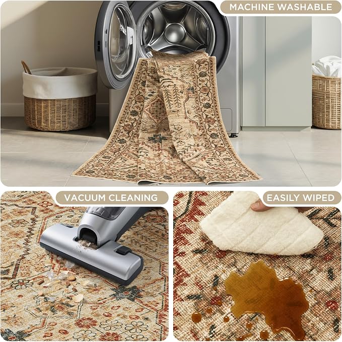 Joydeco 4x6 Area Rugs for Living Room, Non Slip Machine Washable Vintage Rug, Low Pile Chenille Print Rugs for Bedroom, Dining Room, Home Office, Pet & Child Friendly, Tan