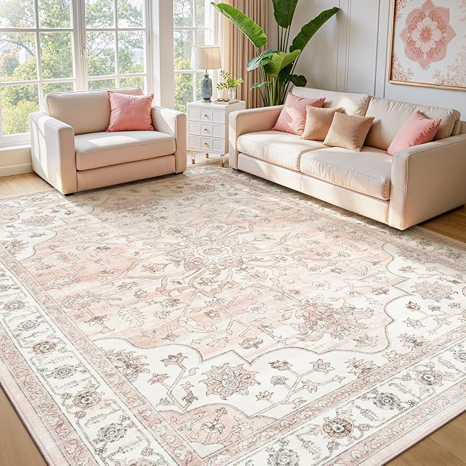 Washable Rug for Living Room Bedroom, 8x10 Area Rugs for Dining Room Home Office, Non Slip Low Pile Rug Indoor, Vintage Boho Floral Medallion Carpet, Pink