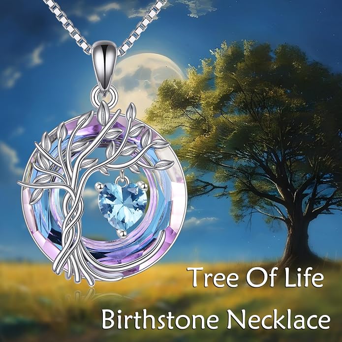 POPLYKE Mothers Day Gifts for Mom Her Wife Tree of Life Necklace 925 Sterling Silver Birthstone Pendant with Crystal Anniversary Birthday Wedding Jewelry for Women
