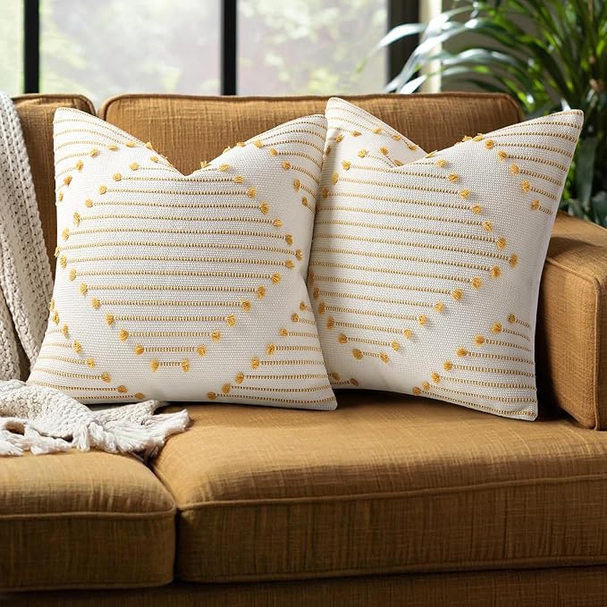 Mecatny Boho Summer Outdoor Throw Pillow Covers 16X16 Set of 2, Farmhouse Decorative Pillow Covers for Couch Sofa Living Room, Yellow & White