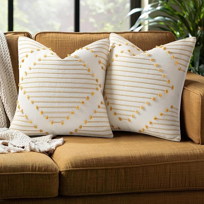Mecatny Boho Summer Outdoor Throw Pillow Covers 20X20 Set of 2, Farmhouse Decorative Pillow Covers for Couch Sofa Living Room, Yellow & White
