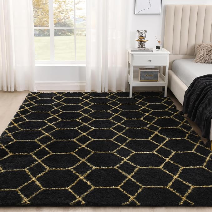 Fluffy Rug for Bedroom, Soft 5x7 Black Shag Plush Geometric Area Rugs | Modern Black and Gold Rug, Non Slip Carpet for Living Room, Aesthetic Home Decor, Fuzzy Floor Mat for Nursery Teen Dorm