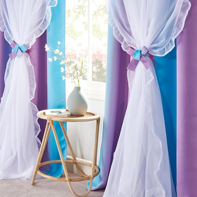PONY DANCE Ruffle Curtains Double Layers Sheer Overlay Shabby Chic Decoration for French Country Rustic Design Window Covering with Tiebacks, 52" Wide x 84" Long, Blue-Pink, 2 Panels