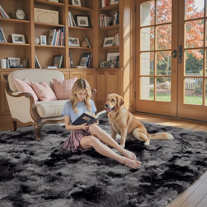 Rugs for Bedroom 4x6, Alfombras para Salas Shag Plush Soft Area Rug, Shaggy Carpets for Livingroom,Home Decor Aesthetic(4 x 6, Dark Grey Tie-Dyed)