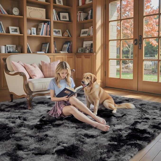 Rugs for Living Room 5x8, Alfombras para Salas Shag Large Plush Soft Area Rug, Shaggy Carpets for Bedroom,Boys Girls Home Decor Aesthetic(Dark Grey Tie-Dyed, 5 x 8 Feet)