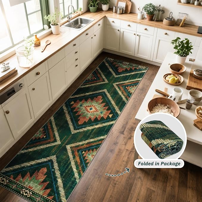 2x10Ft Boho Runner Rugs for Hallway Non Slip, Green Washable Kitchen Rugs, Soft Moroccan Farmhouse Entryway Runner, Low Pile Geometric Floor Carpet for Entrance Bedroom Home Decor