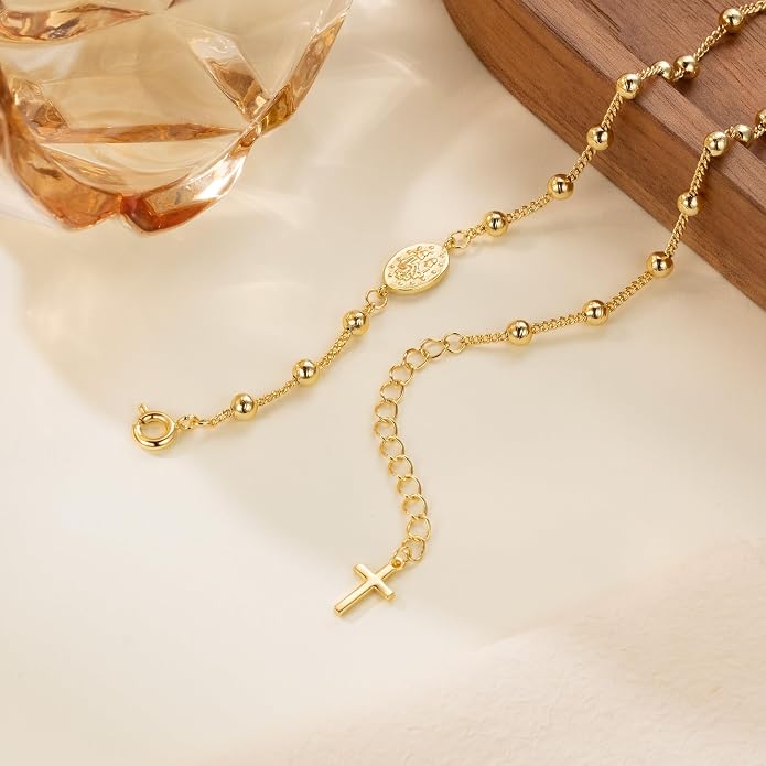 14K Gold Anklets for Women Gold Ankle Bracelets for Women Beads Accessory Chain Cross Anklets for Womens Virgin Mary Medallion and Delicate Cross Womens Ankle Bracelets Adjustable Length 9.4'' to 11''