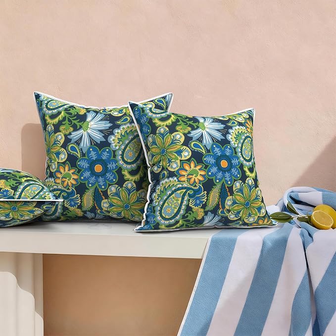 Outdoor Throw Pillows Inners, Fade Resistant Patio Furniture Square Pillows with Piping Set of 2 for Patio Furniture, 18x18 Inch, Wonder Garden
