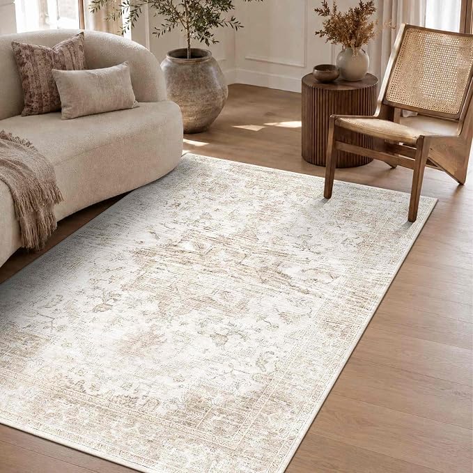 Rugxara 3x5 Washable Entryway Rug, Non Slip Boho Runner Rugs for Hallway, Entrance, Kitchen, Bathroom, Laundry Room, Soft Entryway Carpet, Throw Low Pile Retro Imitation Wool Carpet, Beige