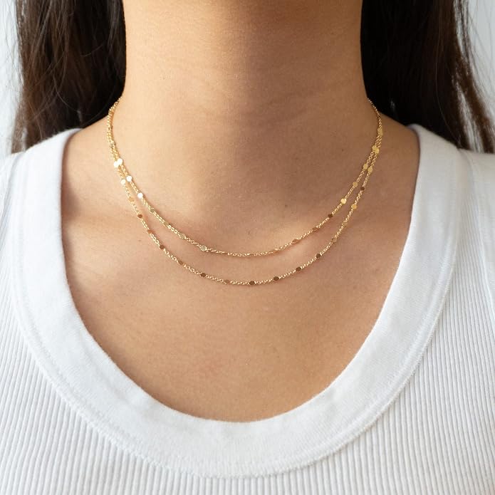 Tewiky Gold Chain Necklace for Women, 14k Gold Plated Thin Beaded Wave Box Necklace Dainty Simple Layered Choker Minimalist Link Chain Necklace Trendy Jewelry for Women