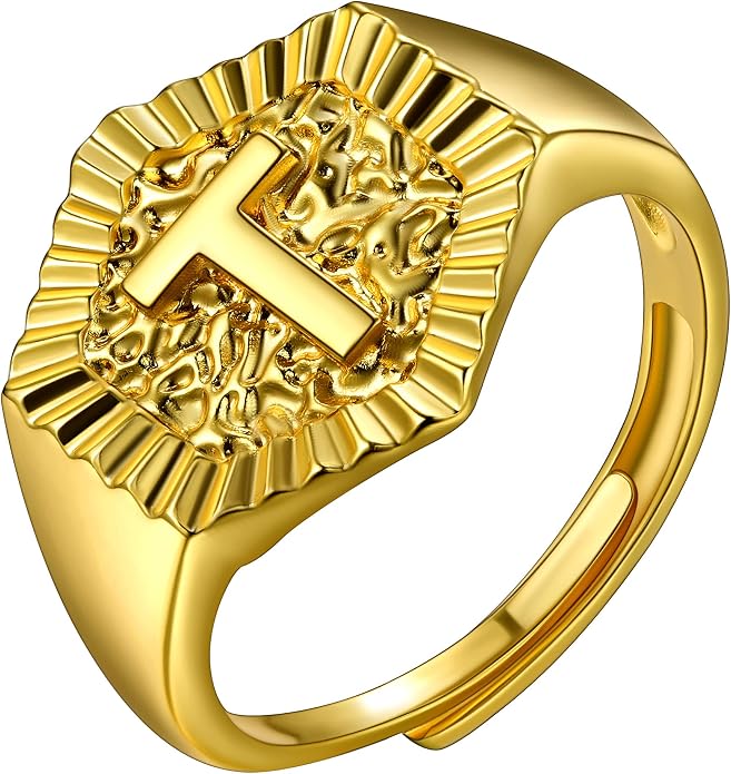 U7 Initial Ring Wedding Band for Men Women 18K Gold Plated Statement Hexagon A-Z Letter Jewelry Personalized Stackable Signet Rings