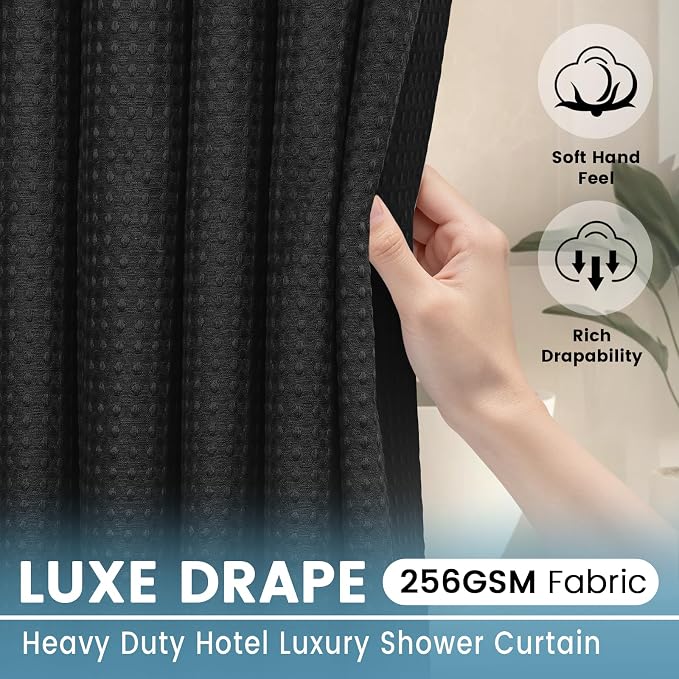 EUTXL Heavyweight Long No Hook Shower Curtain with Snap in Liner,256GSM Waffle Weave Shower Curtains for Bathroom,71W x 77H(75"),Black