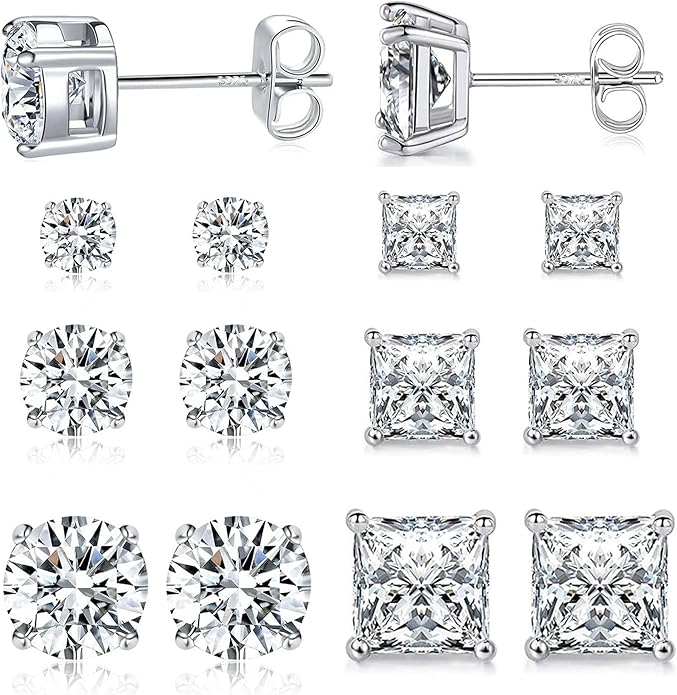 MDFUN 6 Pairs Stud Earrings Set 3mm/5mm/7mm Princess & Round Cubic Zirconia Earrings Hypoallergenic 316L Surgical Stainless Steel CZ Earrings for Women Men