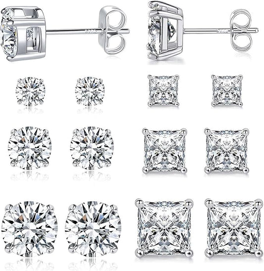 MDFUN 6 Pairs Stud Earrings Set 3mm/5mm/7mm Princess & Round Cubic Zirconia Earrings Hypoallergenic 316L Surgical Stainless Steel CZ Earrings for Women Men