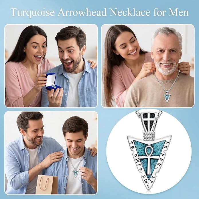 Viking Turquoise Arrowhead Necklace for Men Celtic/Evil Eye/Ankh/Valknut/Compass Arrow Head Pendant Fathers Day Birthday Gifts