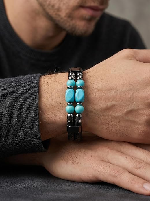 Black Braided Leather Bracelet for Men with Turquoise, Lapis Lazuli, Tiger Eye, Obsidian Stone Double-Row Wristband Beads with Stainless Steel Clasp Fashion Jewelry Gift for Him