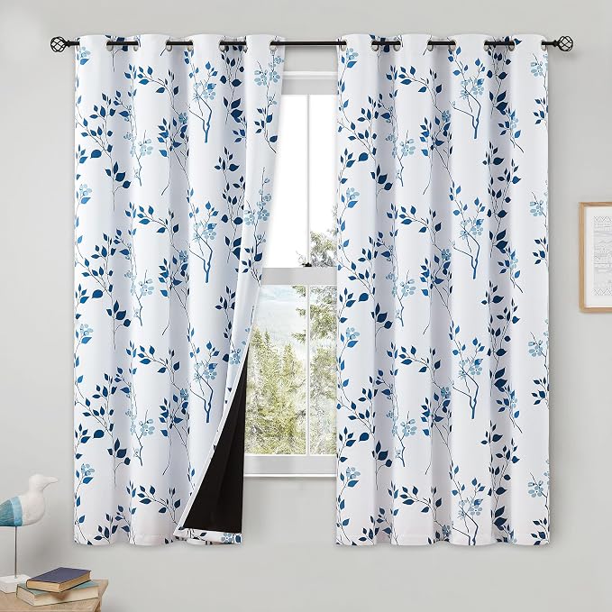 Beauoop Floral 100% Blackout Curtains for Bedroom Navy Blue 52X54 2 Panels | Flower Patterned Navy White Room Darkening Drapes for Living Room Thermal Insulated Soundproof Window treatment Grommet