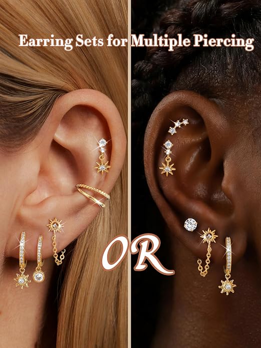 Dochais Flat Back Cartilage Earrings for Women Trendy Dainty CZ Flatback Studs Earing Sets 14k Gold Plated Hypoallergenic Huggie Hoops Earring Stacks for Multiple Piercing